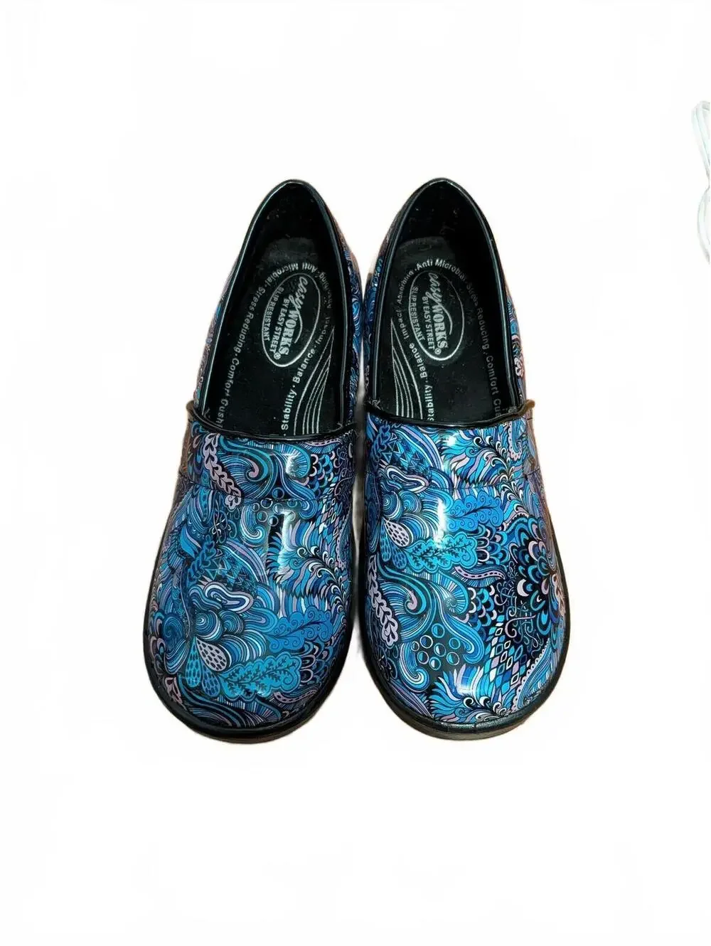 Easy Works by Easy Street Lyndee Clogs Blue & Purple Paisley Comfort Size 6.5M